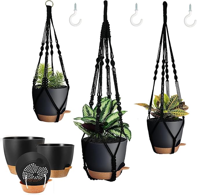 3 Pack Self Watering Hanging Planters Macrame Plant Hangers with Indoor Flower Pots