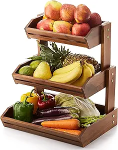 HOLANA Acacia Wood Fruit Basket - 3-Tier Fruit Bowl for Kitchen Counter