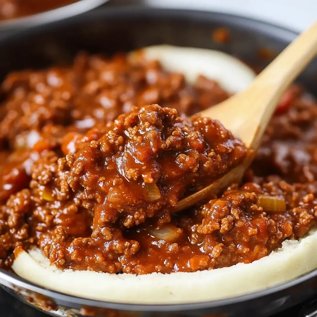 Close-up of a sloppy joe sandwich made with ground beef, ketchup, mustard, and brown sugar, served on a toasted hamburger bun