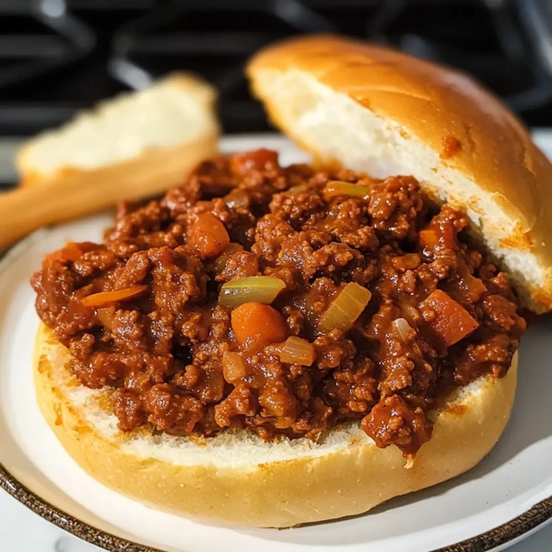 Easy Sloppy Joe Recipe 3 Ingredients 5 Close-up of a sloppy joe sandwich made with ground beef, ketchup, mustard, and brown sugar, served on a toasted hamburger bun
