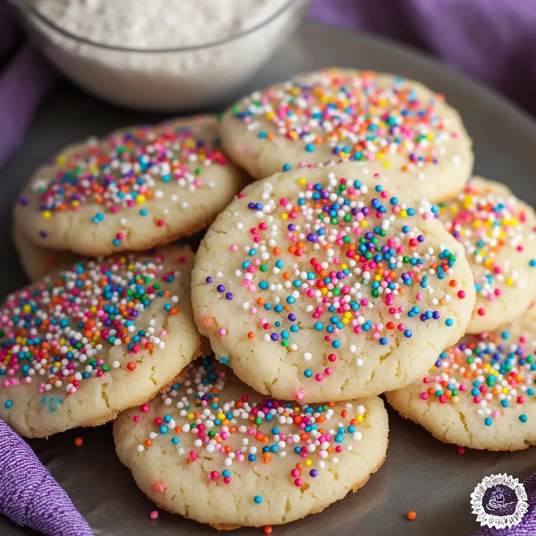 Easy 3 Ingredient Sugar Cookie Recipe (So Easy, So Buttery!) 5 3 ingredient sugar cookies on a baking tray, soft and golden with colorful rainbow sprinkles.