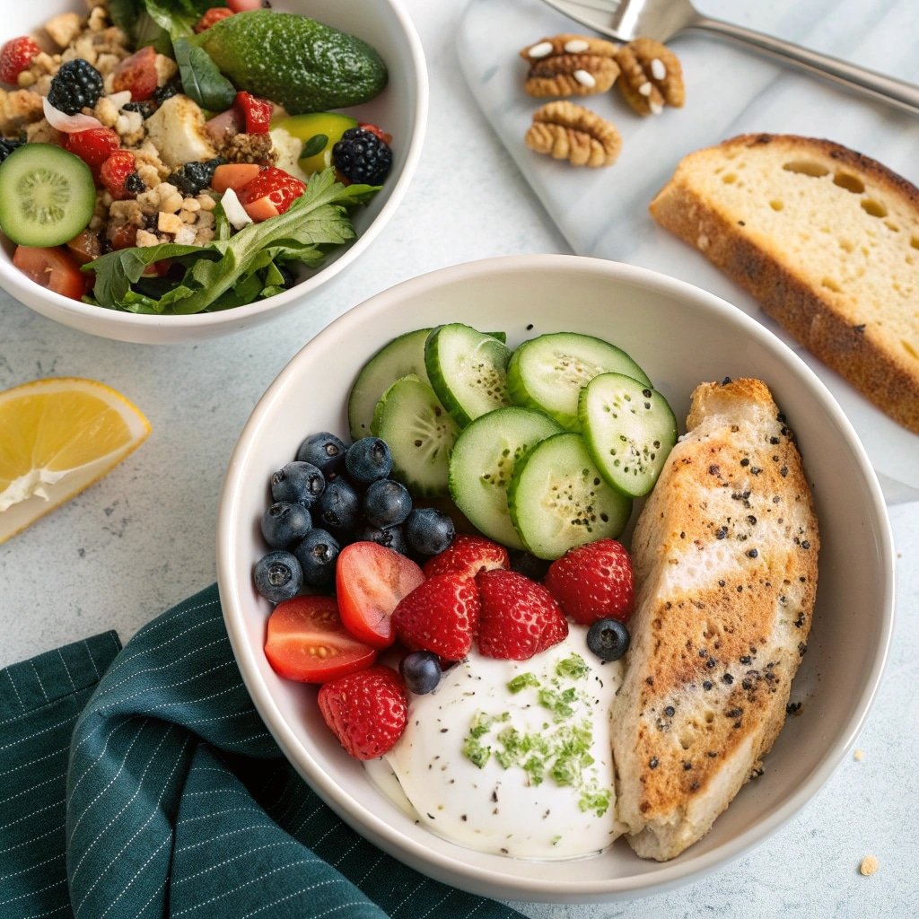 7-Day Mediterranean Diet Plan for Beginners 1 A beautiful flat-lay photo of various Mediterranean-inspired foods: fresh vegetables like tomatoes and cucumbers, a small bowl of hummus, a piece of baked salmon, and a few whole-grain crackers, arranged neatly on a wooden cutting board.