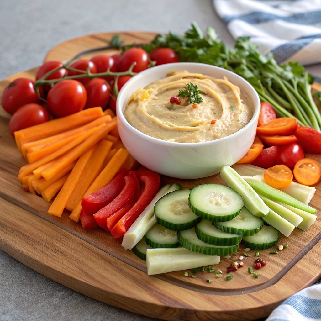 Hummus and Veggie Platter with whole-grain crackers 1 A vibrant hummus and veggie platter on a large wooden board. The platter features a bowl of hummus surrounded by arranged piles of fresh carrot sticks, cucumber slices, red bell pepper strips, and whole-grain crackers.