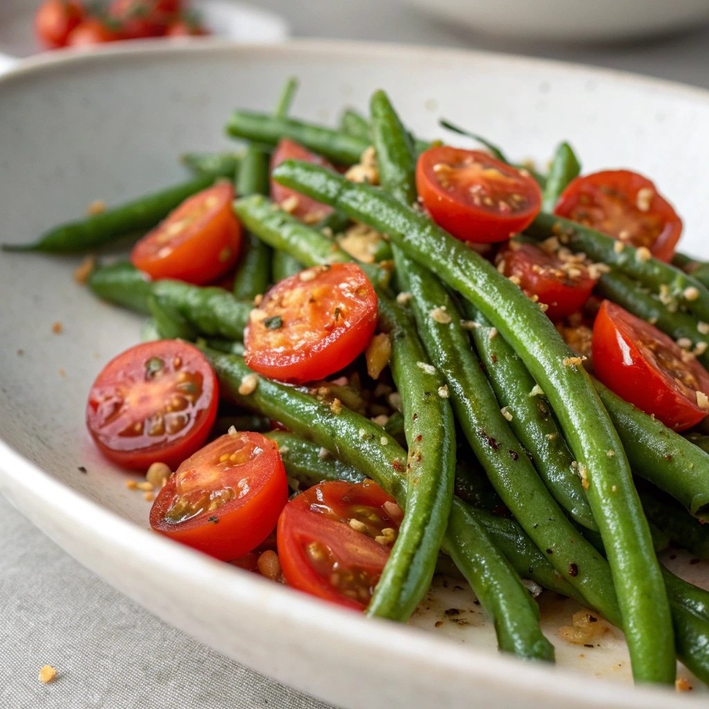 mediterranean green beans and tomatoes 1 A rustic bowl of Mediterranean Green Beans and Tomatoes, showing the tender green beans braised in a rich, red tomato sauce. The dish is topped with fresh herbs.