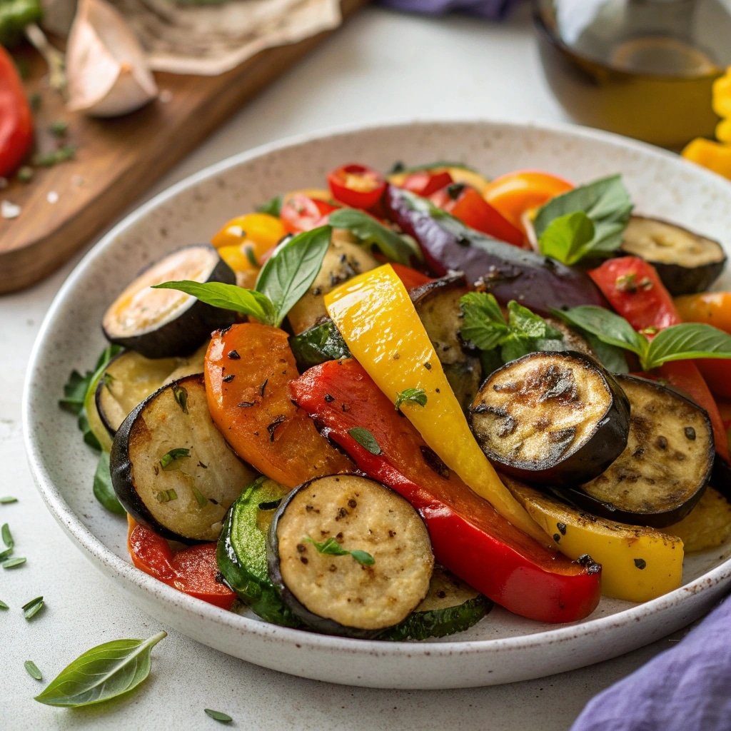 Simple Roasted Mediterranean Vegetables 1 A flat-lay of all the ingredients for the recipe: chopped zucchini, bell peppers, and onion on a cutting board, with a bottle of olive oil, fresh herbs, and spices nearby.