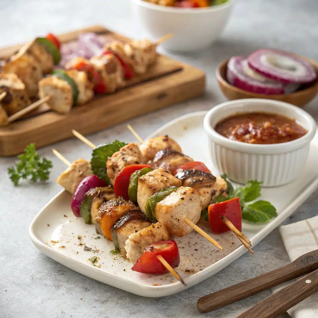 A platter of grilled Mediterranean Chicken Kabobs with pieces of chicken, zucchini, and red onion, all perfectly charred and glistening with marinade.