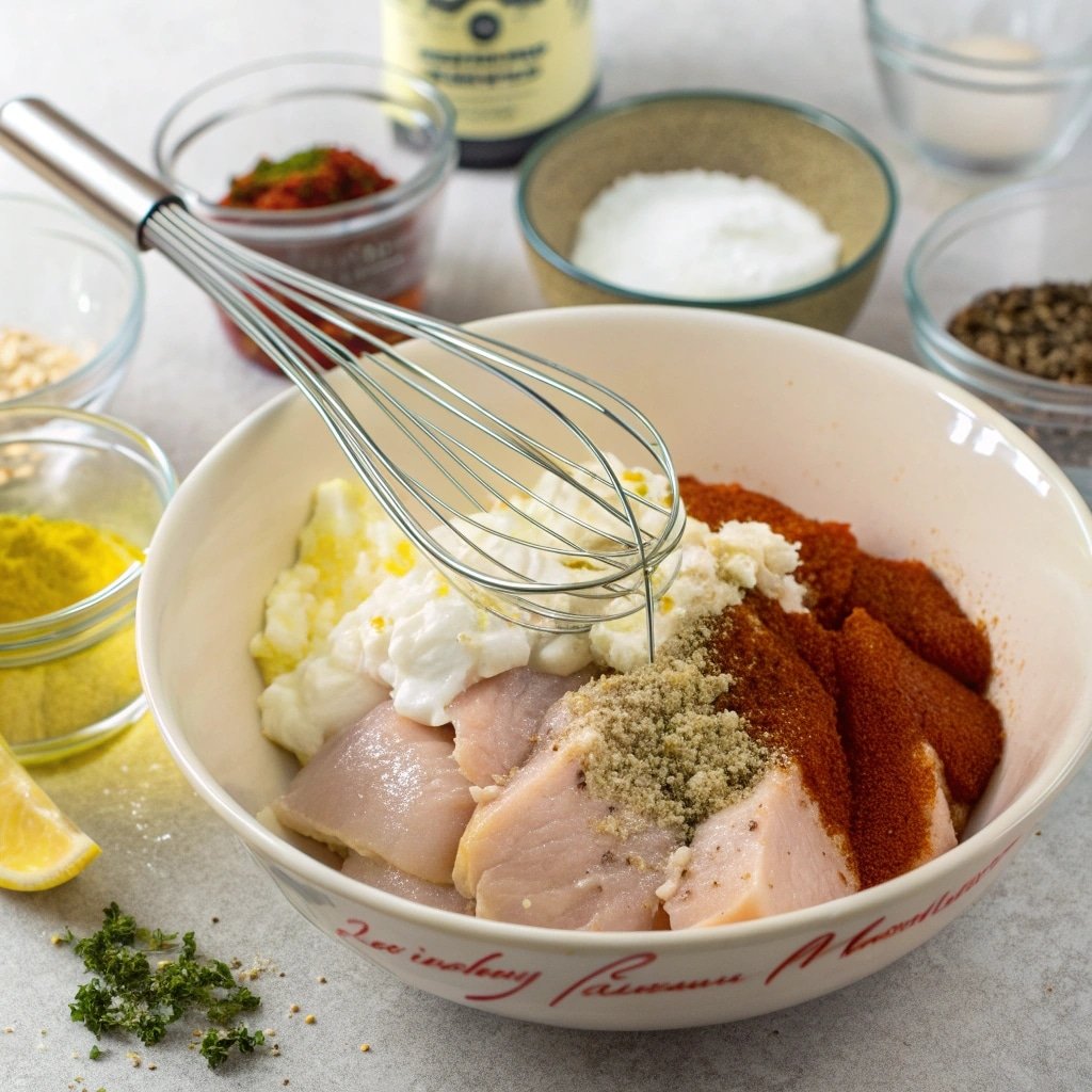 Grilled chicken breasts with visible grill marks, glazed with a creamy yogurt marinade and sprinkled with fresh herbs. The chicken appears incredibly tender and juicy.