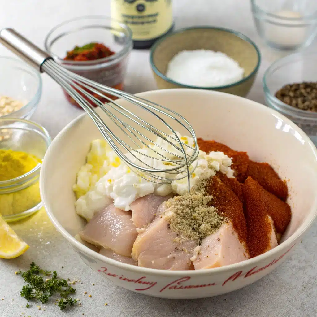 mediterranean chicken marinade yogurt 1 Grilled chicken breasts with visible grill marks, glazed with a creamy yogurt marinade and sprinkled with fresh herbs. The chicken appears incredibly tender and juicy.
