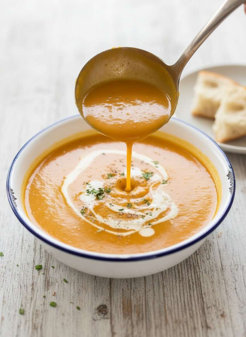 A creamy pumpkin soup in a white bowl being gently swirled with cream, garnished with herbs.