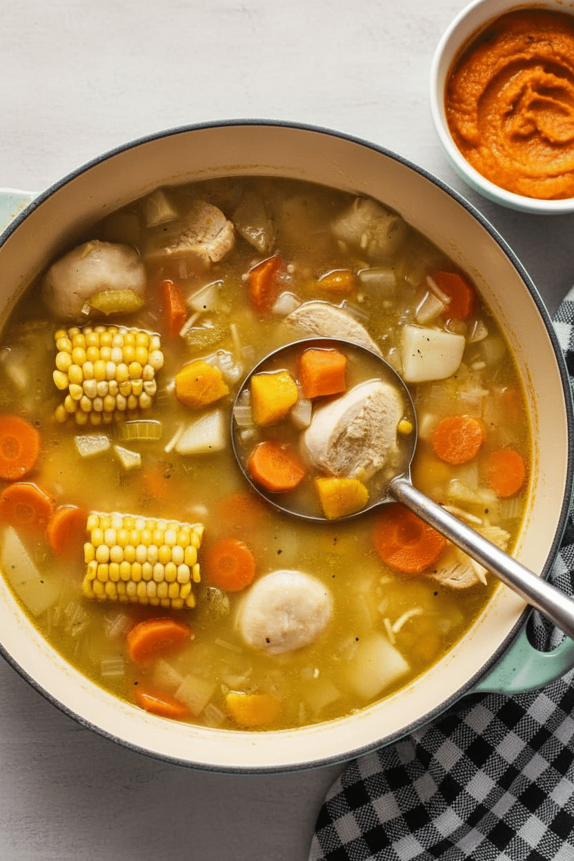 Bowl of creamy Jamaican pumpkin soup garnished with herbs and a swirl of coconut milk.