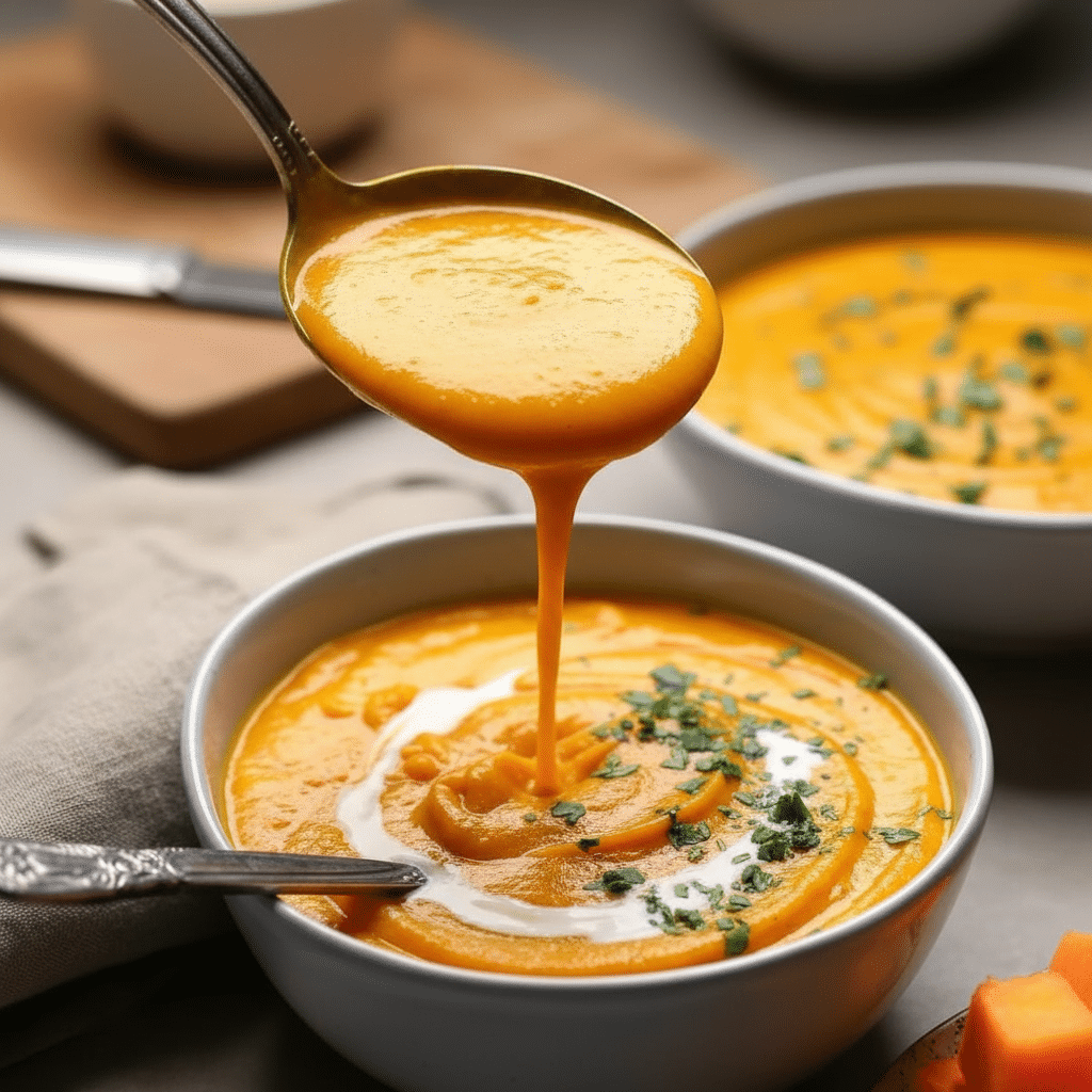 A creamy, orange soup with chunks of butternut squash and sweet potato, garnished with herbs in a white bowl.