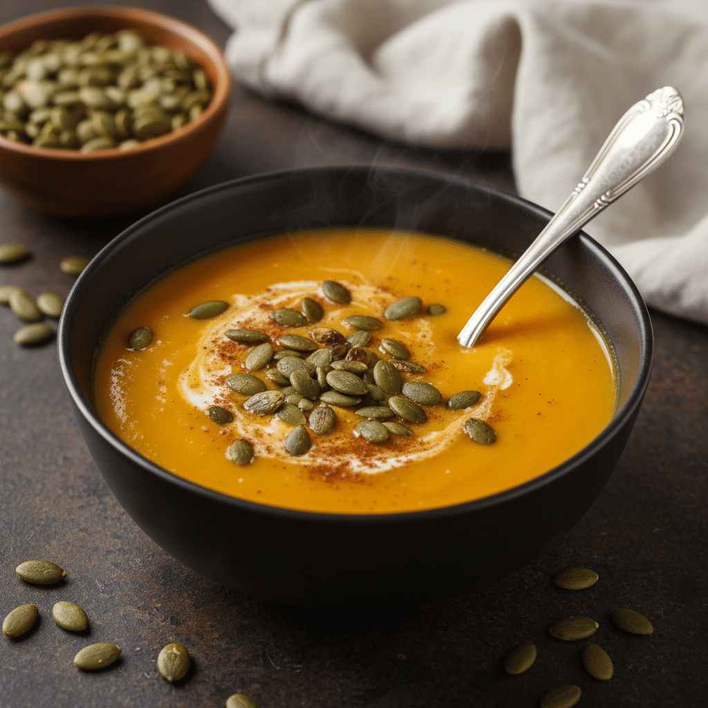 A bowl of creamy orange soup with chunks of roasted butternut squash and pumpkin, garnished with herbs.