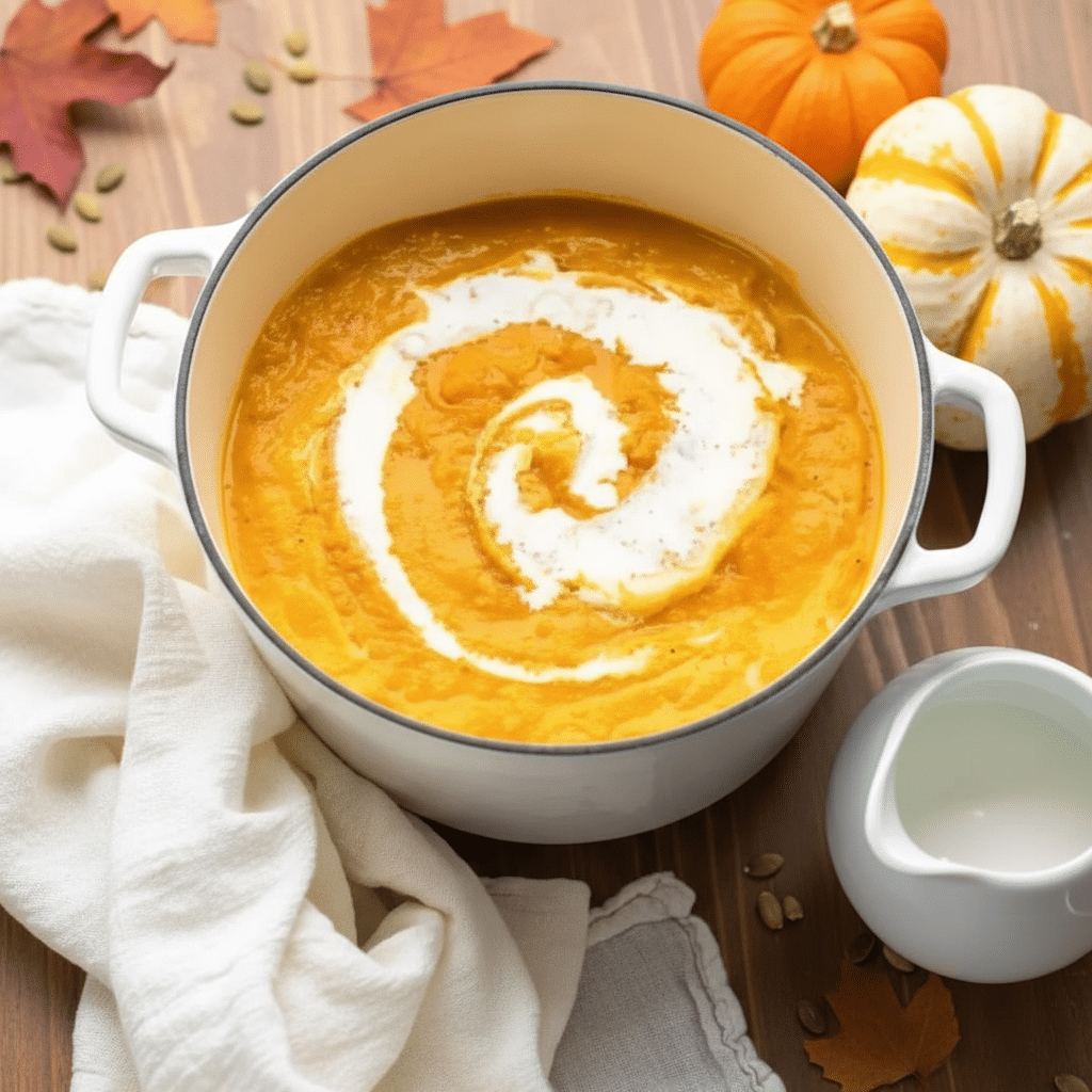 A creamy bowl of Korean pumpkin soup (hobakjuk) made with kabocha squash, garnished with a swirl of cream and pine nuts.